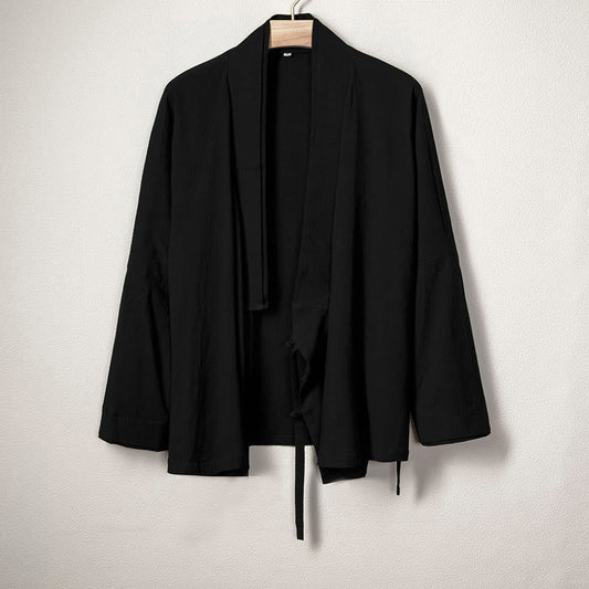 Buddha Stones Men's Plain Design Open Front Jacket Cotton Linen Long Sleeve Kimono