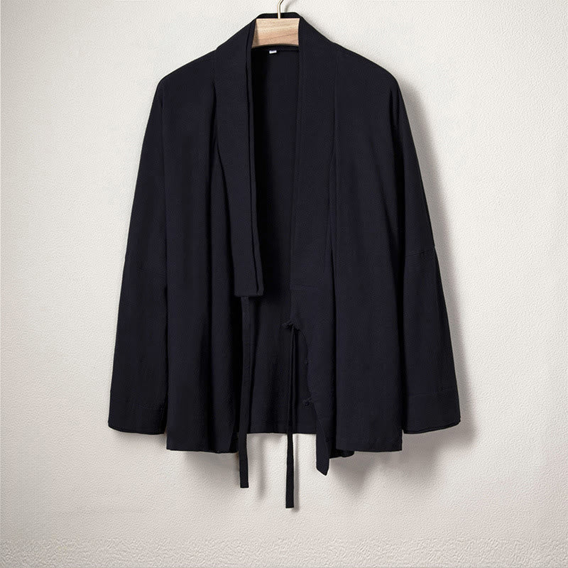 Buddha Stones Men's Plain Design Open Front Jacket Cotton Linen Long Sleeve Kimono
