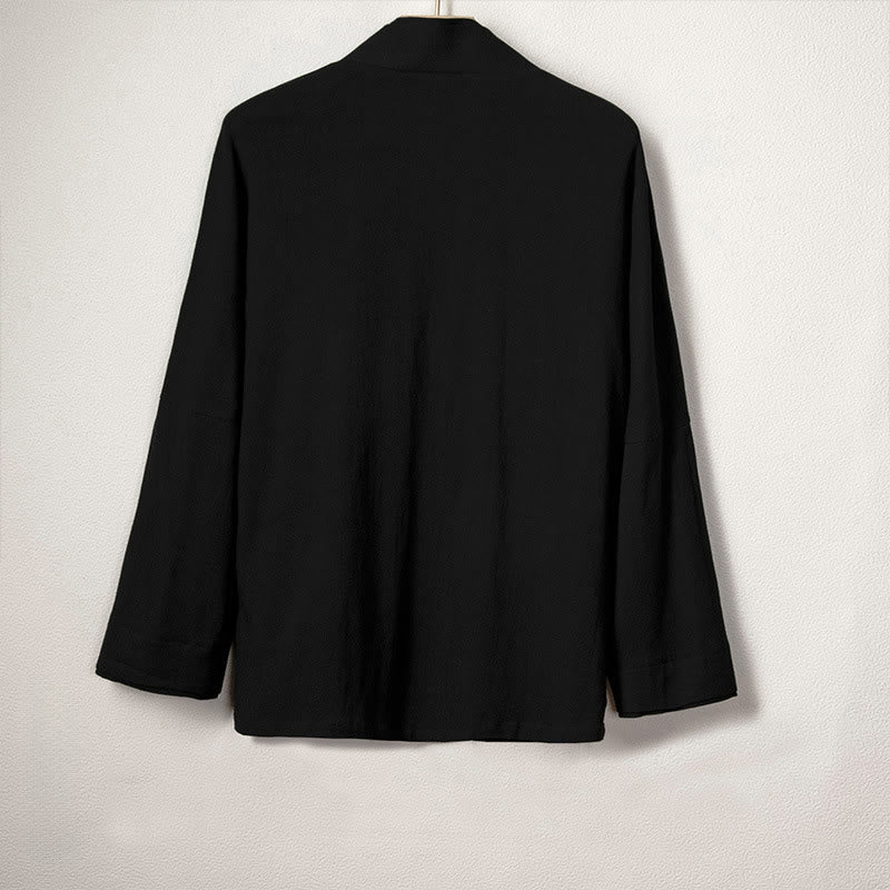 Buddha Stones Men's Plain Design Open Front Jacket Cotton Linen Long Sleeve Kimono