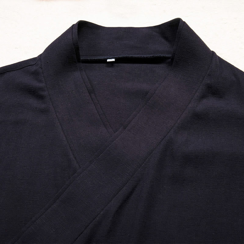 Buddha Stones Men's Plain Design Open Front Jacket Cotton Linen Long Sleeve Kimono