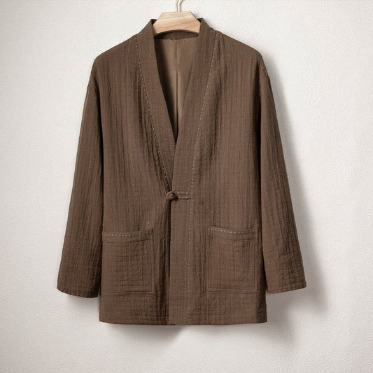 Buddha Stones Men's Plain Pleats Frog-Button Open Front Jacket Cotton Linen Long Sleeve Kimono