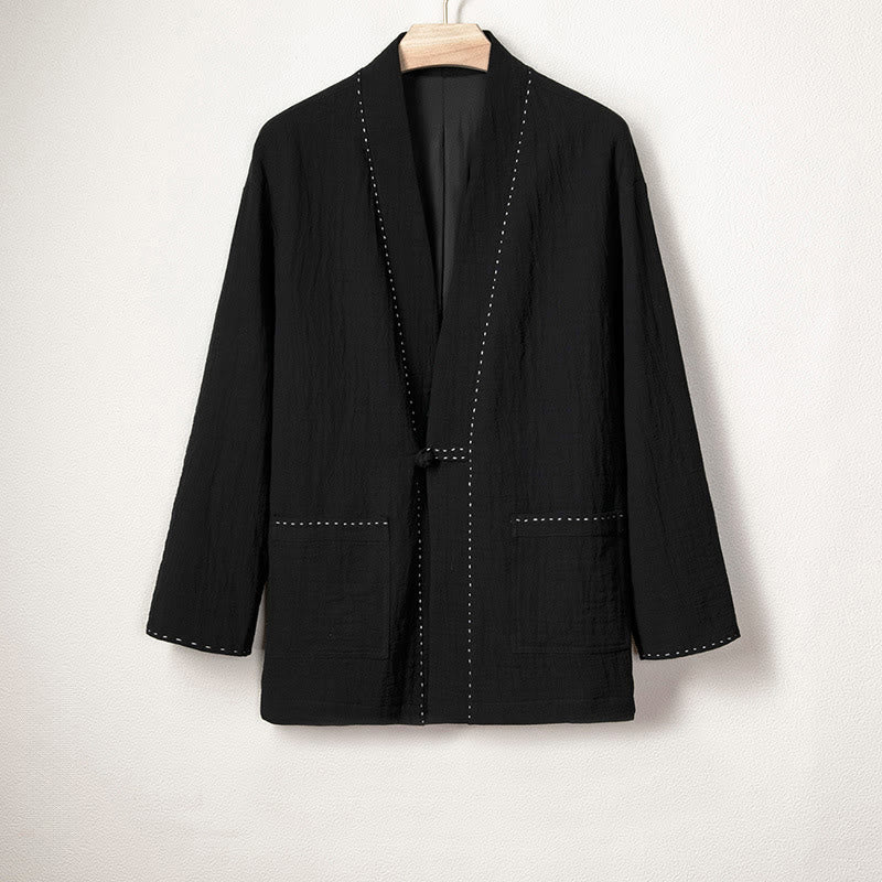 Buddha Stones Men's Plain Pleats Frog-Button Open Front Jacket Cotton Linen Long Sleeve Kimono