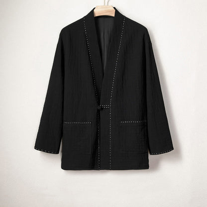 Buddha Stones Men's Plain Pleats Frog-Button Open Front Jacket Cotton Linen Long Sleeve Kimono