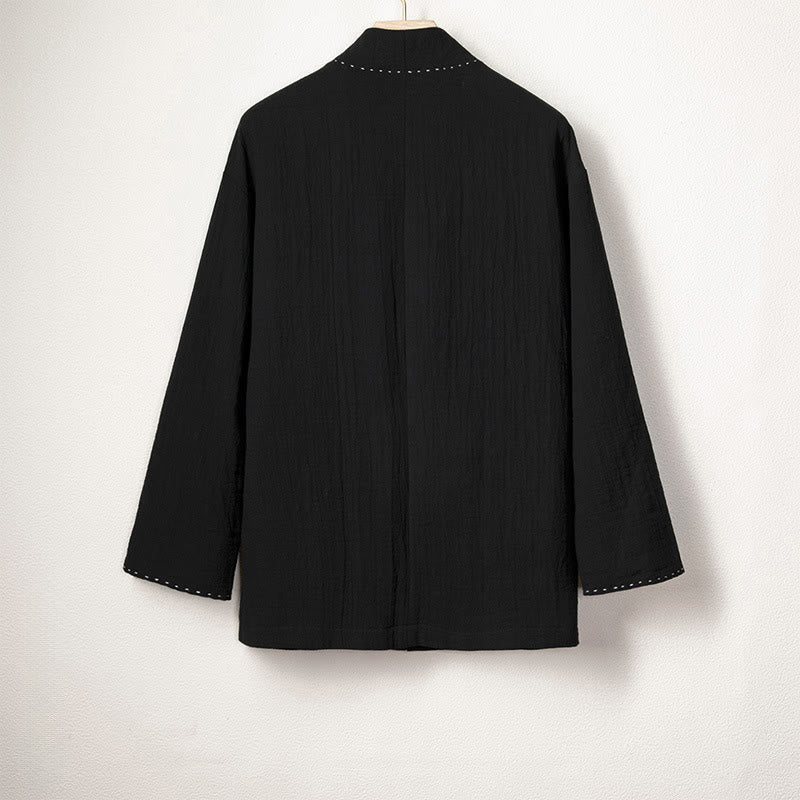Buddha Stones Men's Plain Pleats Frog-Button Open Front Jacket Cotton Linen Long Sleeve Kimono
