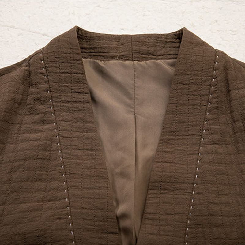 Buddha Stones Men's Plain Pleats Frog-Button Open Front Jacket Cotton Linen Long Sleeve Kimono