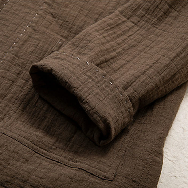 Buddha Stones Men's Plain Pleats Frog-Button Open Front Jacket Cotton Linen Long Sleeve Kimono