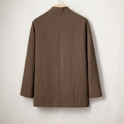 Buddha Stones Men's Plain Pleats Frog-Button Open Front Jacket Cotton Linen Long Sleeve Kimono