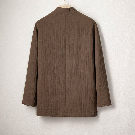 Buddha Stones Men's Plain Pleats Frog-Button Open Front Jacket Cotton Linen Long Sleeve Kimono