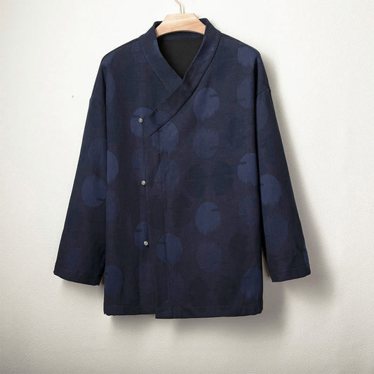 Buddha Stones Jacquard Button Men's Cotton Linen Long Sleeve Fleece-Lined Jacket Shirt