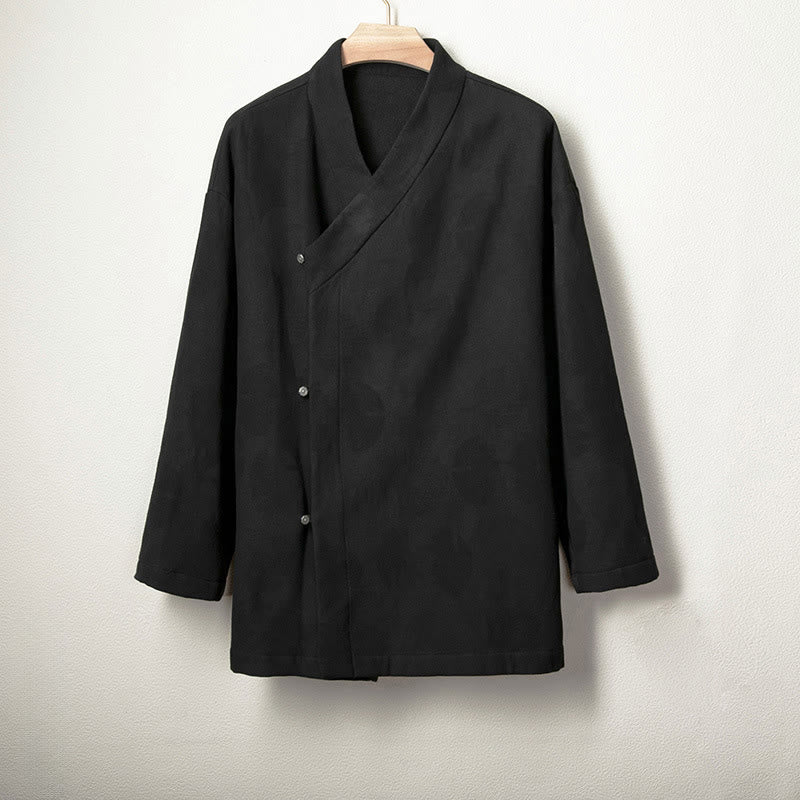 Buddha Stones Jacquard Button Men's Cotton Linen Long Sleeve Fleece-Lined Jacket Shirt