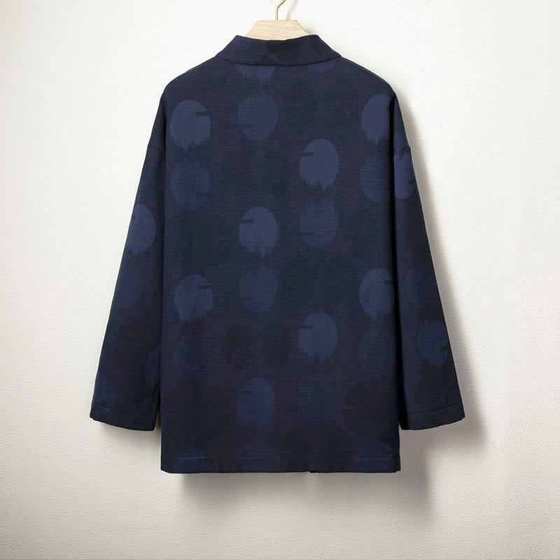 Buddha Stones Jacquard Button Men's Cotton Linen Long Sleeve Fleece-Lined Jacket Shirt