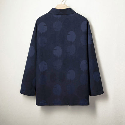 Buddha Stones Jacquard Button Men's Cotton Linen Long Sleeve Fleece-Lined Jacket Shirt