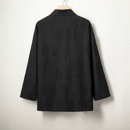 Buddha Stones Jacquard Button Men's Cotton Linen Long Sleeve Fleece-Lined Jacket Shirt