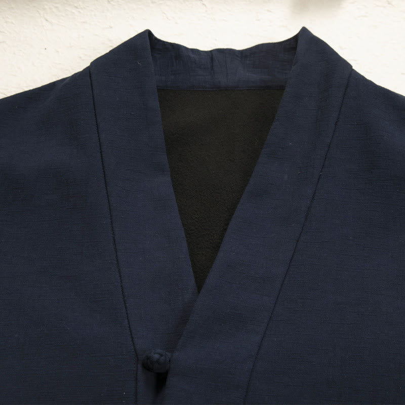 Buddha Stones Men's Long Sleeve Frog-Button Open Front Fleece-Lined Cotton Linen Jacket Kimono