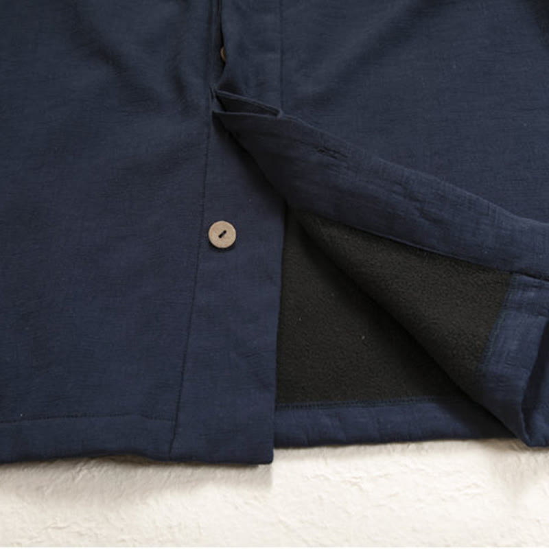 Buddha Stones Men's Long Sleeve Frog-Button Open Front Fleece-Lined Cotton Linen Jacket Kimono