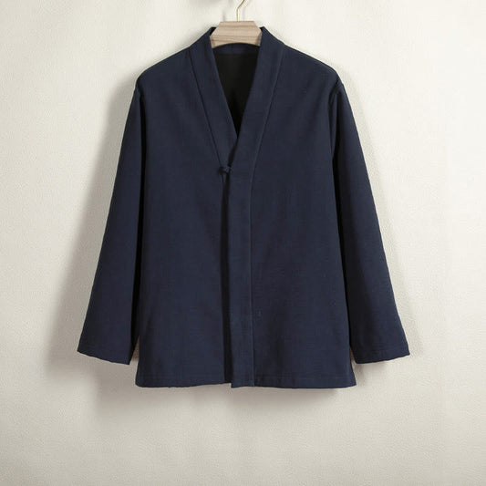 Buddha Stones Men's Long Sleeve Frog-Button Open Front Fleece-Lined Cotton Linen Jacket Kimono