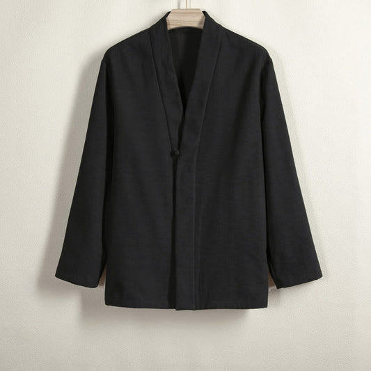 Buddha Stones Men's Long Sleeve Frog-Button Open Front Fleece-Lined Cotton Linen Jacket Kimono