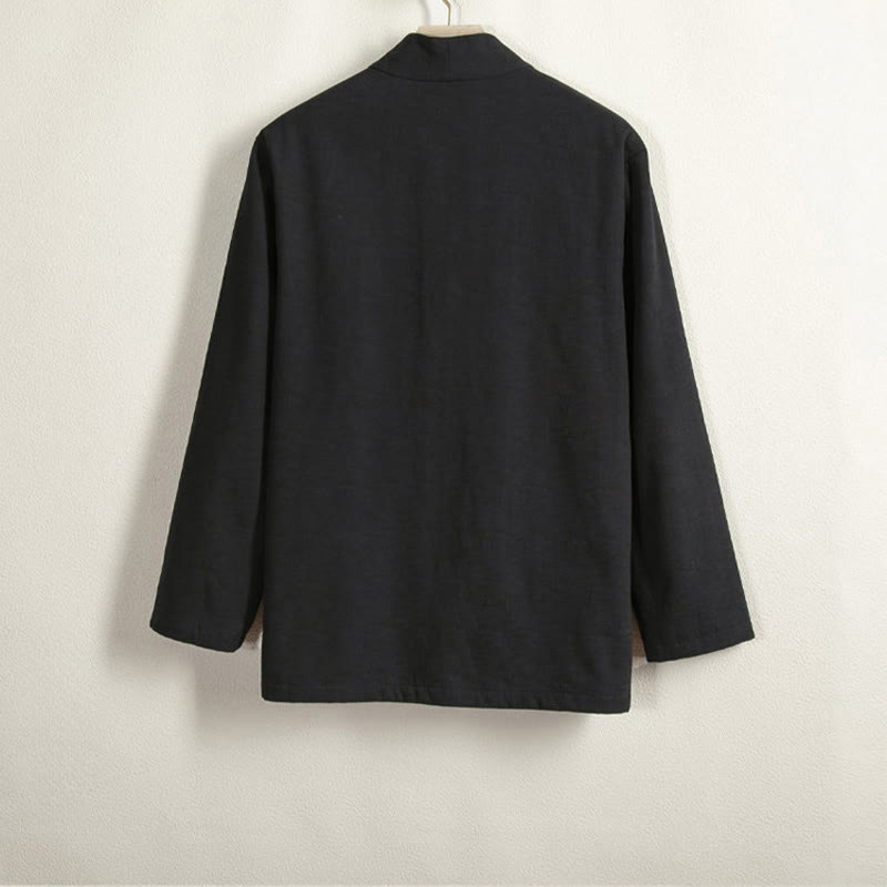 Buddha Stones Men's Long Sleeve Frog-Button Open Front Fleece-Lined Cotton Linen Jacket Kimono