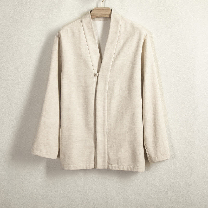 Buddha Stones Men's Long Sleeve Frog-Button Open Front Fleece-Lined Cotton Linen Jacket Kimono