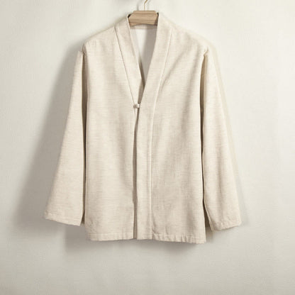 Buddha Stones Men's Long Sleeve Frog-Button Open Front Fleece-Lined Cotton Linen Jacket Kimono