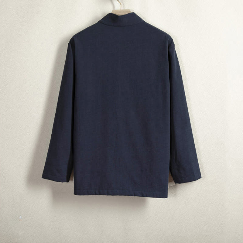 Buddha Stones Men's Long Sleeve Frog-Button Open Front Fleece-Lined Cotton Linen Jacket Kimono