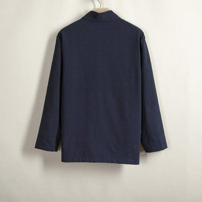 Buddha Stones Men's Long Sleeve Frog-Button Open Front Fleece-Lined Cotton Linen Jacket Kimono