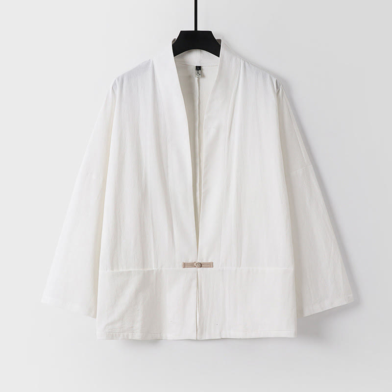 Buddha Stones Long Sleeve Buttons Design Men's Open Front Cotton Linen Jacket Kimono With Pockets