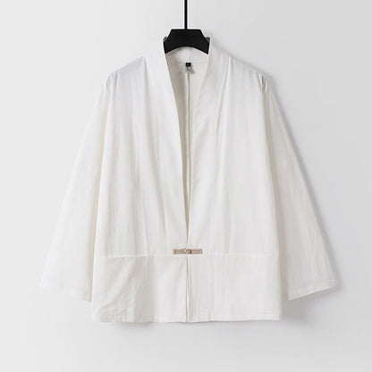 Buddha Stones Long Sleeve Buttons Design Men's Open Front Cotton Linen Jacket Kimono With Pockets