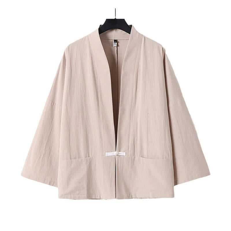 Buddha Stones Long Sleeve Buttons Design Men's Open Front Cotton Linen Jacket Kimono With Pockets