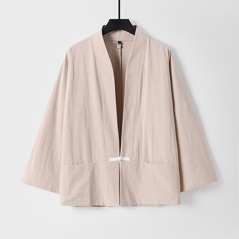 Buddha Stones Long Sleeve Buttons Design Men's Open Front Cotton Linen Jacket Kimono With Pockets