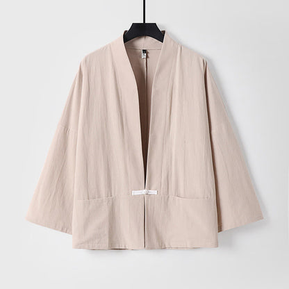 Buddha Stones Long Sleeve Buttons Design Men's Open Front Cotton Linen Jacket Kimono With Pockets