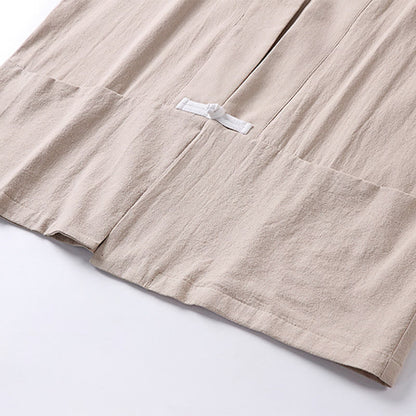 Buddha Stones Long Sleeve Buttons Design Men's Open Front Cotton Linen Jacket Kimono With Pockets