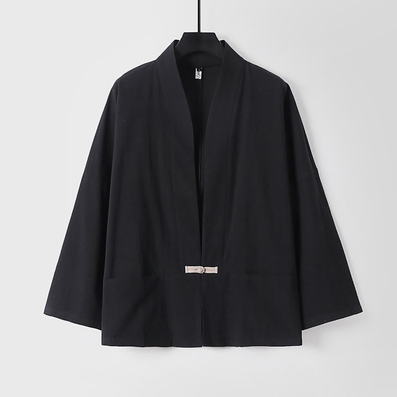 Buddha Stones Long Sleeve Buttons Design Men's Open Front Cotton Linen Jacket Kimono With Pockets
