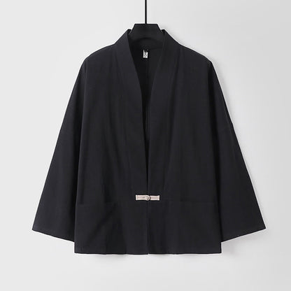 Buddha Stones Long Sleeve Buttons Design Men's Open Front Cotton Linen Jacket Kimono With Pockets