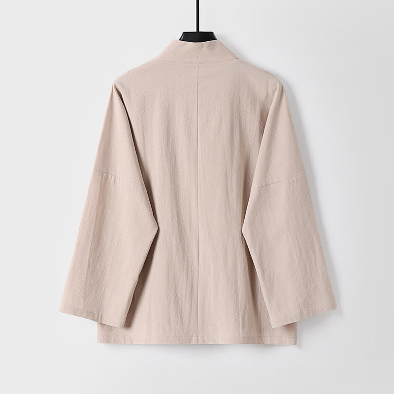 Buddha Stones Long Sleeve Buttons Design Men's Open Front Cotton Linen Jacket Kimono With Pockets