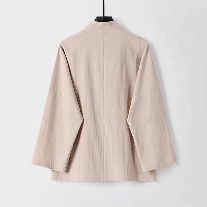 Buddha Stones Long Sleeve Buttons Design Men's Open Front Cotton Linen Jacket Kimono With Pockets