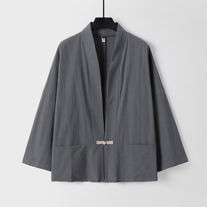 Buddha Stones Long Sleeve Buttons Design Men's Open Front Cotton Linen Jacket Kimono With Pockets