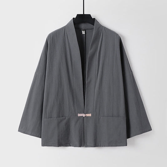 Buddha Stones Long Sleeve Buttons Design Men's Open Front Cotton Linen Jacket Kimono With Pockets
