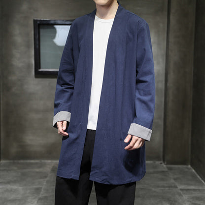 Buddha Stones Spring Long Sleeve Open Front Men's Cotton Linen Zen Jacket Kimono