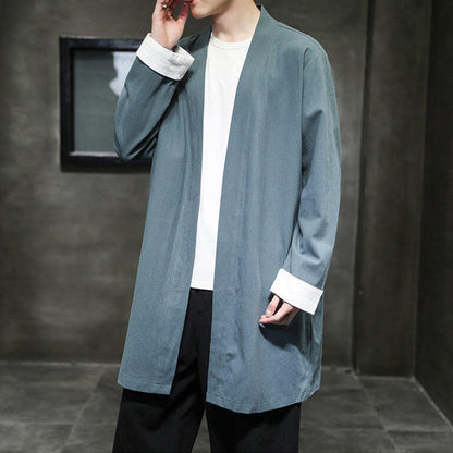 Buddha Stones Spring Long Sleeve Open Front Men's Cotton Linen Zen Jacket Kimono
