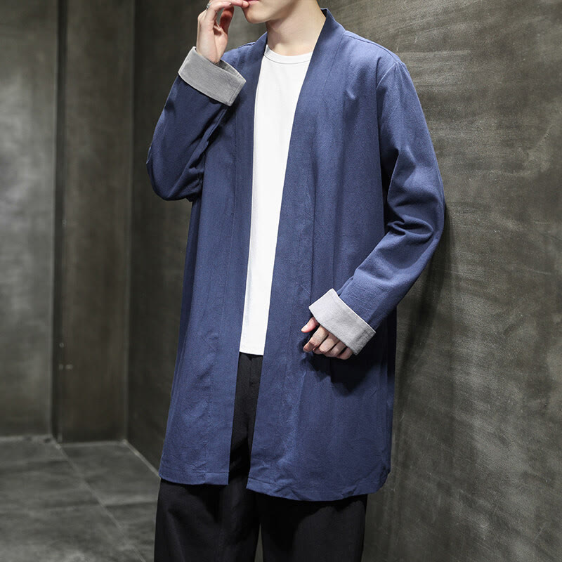 Buddha Stones Spring Long Sleeve Open Front Men's Cotton Linen Zen Jacket Kimono