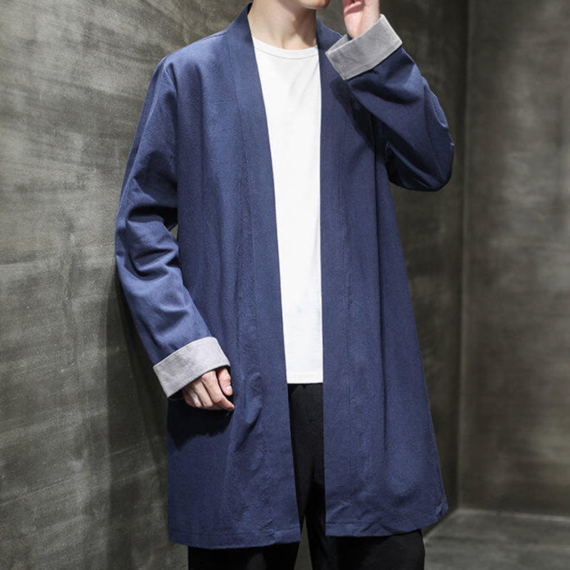 Buddha Stones Spring Long Sleeve Open Front Men's Cotton Linen Zen Jacket Kimono