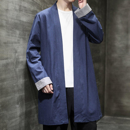 Buddha Stones Spring Long Sleeve Open Front Men's Cotton Linen Zen Jacket Kimono