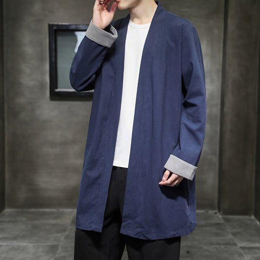 Buddha Stones Spring Long Sleeve Open Front Men's Cotton Linen Zen Jacket Kimono