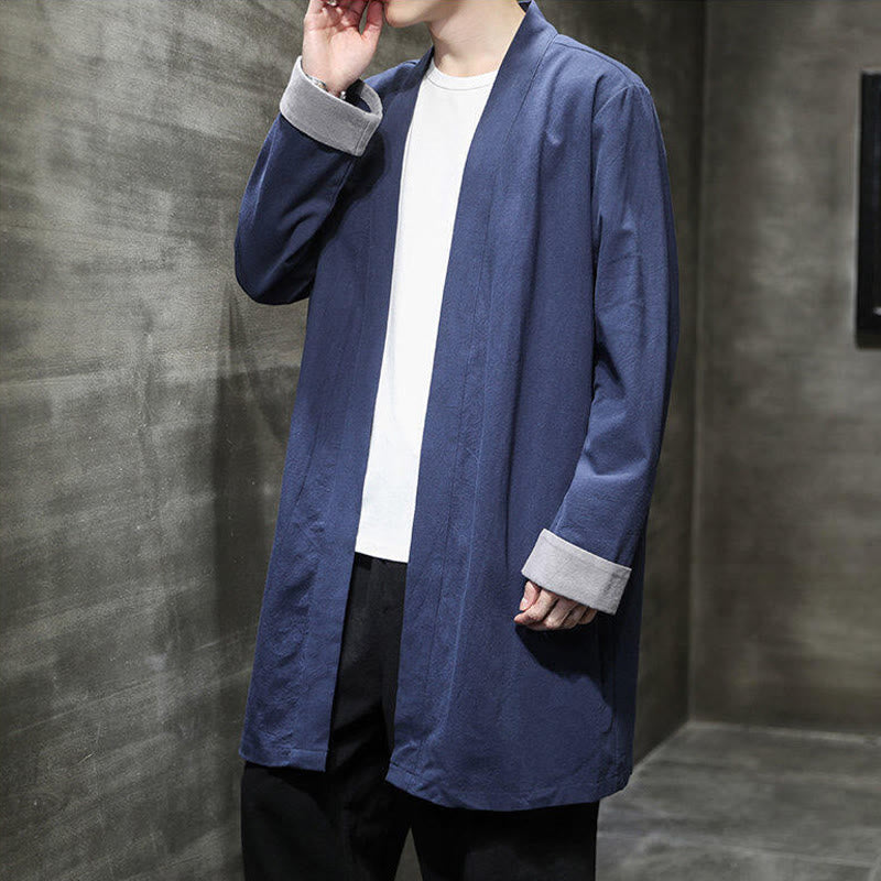 Buddha Stones Spring Long Sleeve Open Front Men's Cotton Linen Zen Jacket Kimono