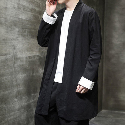 Buddha Stones Spring Long Sleeve Open Front Men's Cotton Linen Zen Jacket Kimono