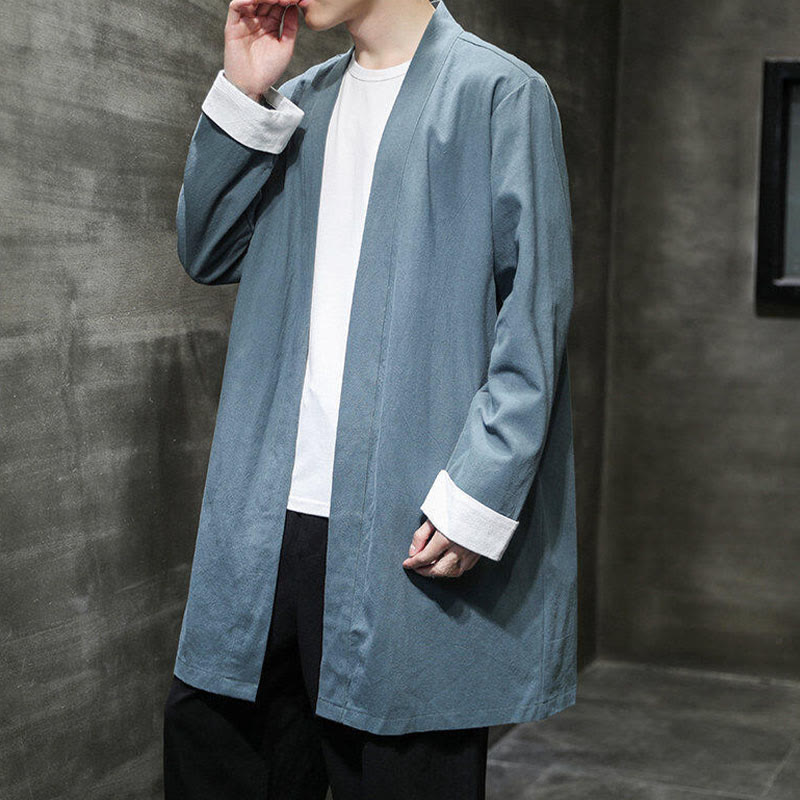 Buddha Stones Spring Long Sleeve Open Front Men's Cotton Linen Zen Jacket Kimono