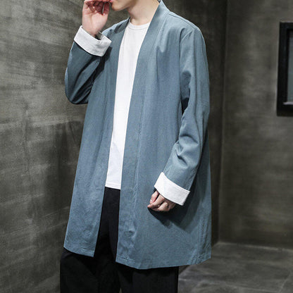Buddha Stones Spring Long Sleeve Open Front Men's Cotton Linen Zen Jacket Kimono