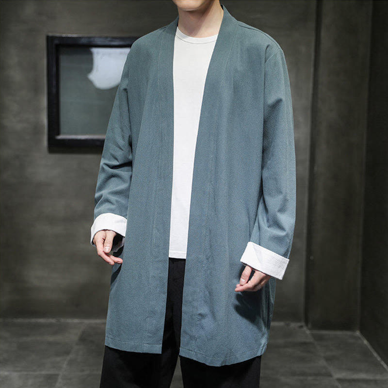 Buddha Stones Spring Long Sleeve Open Front Men's Cotton Linen Zen Jacket Kimono