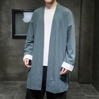 Buddha Stones Spring Long Sleeve Open Front Men's Cotton Linen Zen Jacket Kimono
